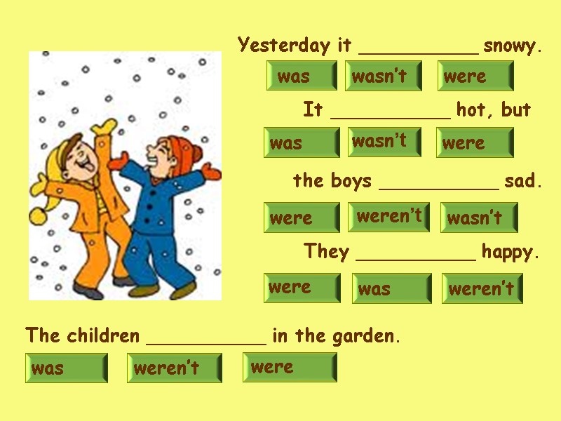 Yesterday it __________ snowy. wasn’t were was was were wasn’t It __________ hot, but